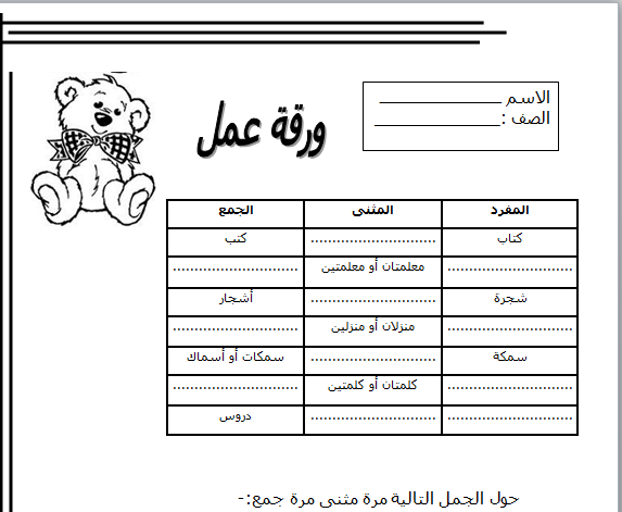 ورقة عمل عن درس المفرد والجمع والمثنى فى اللغة العربية للصف الخامس نبراس الامارات التعليمى