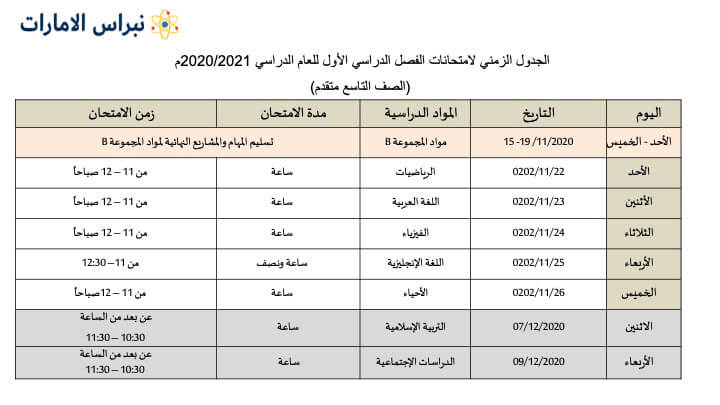 جدول الصف التاسع متقدم