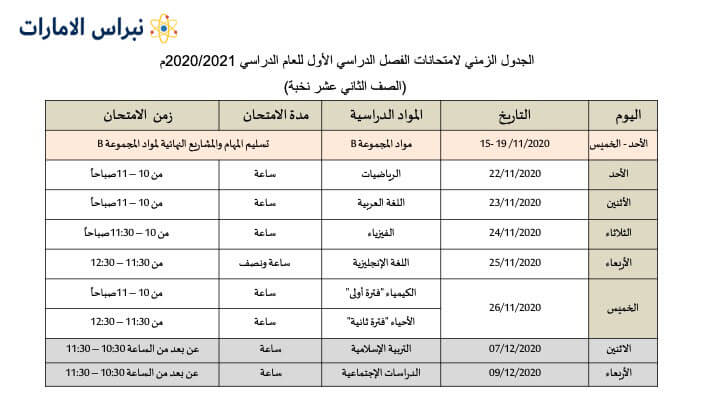 جدول الصف الثانى عشر نخبة