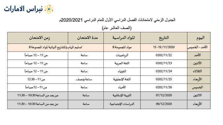 جدول الصف العاشر عام 2