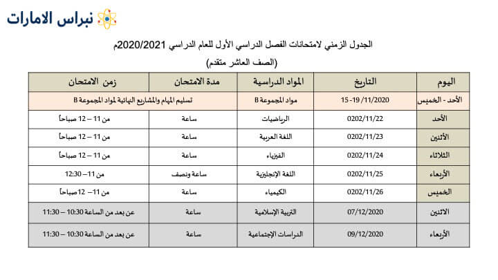 جدول الصف العاشر متقدم