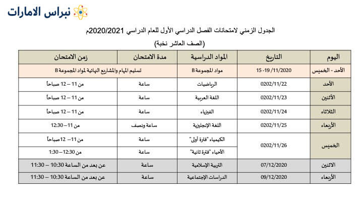 جدول الصف العاشر نخبة