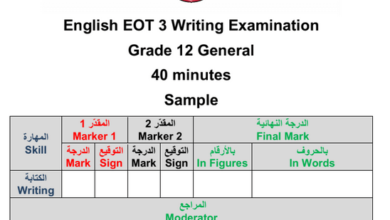 نموذج امتحان كتابة في الانجليزى للصف الثاني عشر عام عشرالفصل الثالث